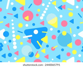 Geometric seamless pattern with memphis elements in 80s style. Colorful geometric pattern. Design of promotional products, wrapping paper and printing. Vector illustration