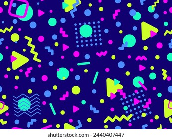Geometric seamless pattern with memphis elements in 80s style. Colorful geometric pattern. Design of promotional products, wrapping paper and printing. Vector illustration