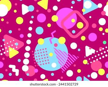 Geometric seamless pattern with memphis elements in 80s style. Colorful geometric pattern. Design of promotional products, wrapping paper and printing. Vector illustration