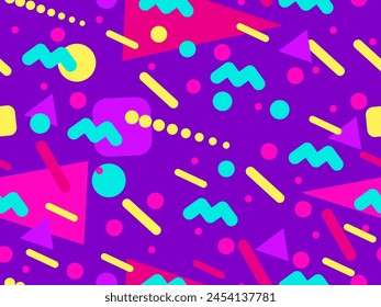 Geometric seamless pattern with memphis elements in 80s style. Colorful geometric pattern. Design of promotional products, wrapping paper and printing. Vector illustration