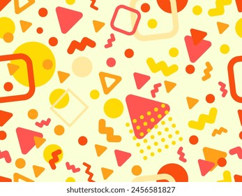 Geometric seamless pattern with memphis elements in 80s style. Colorful geometric pattern. Design of promotional products, wrapping paper and printing. Vector illustration