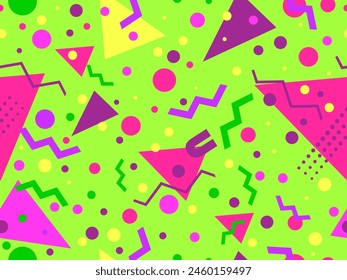 Geometric seamless pattern with memphis elements in 80s style. Colorful geometric pattern. Design of promotional products, wrapping paper and printing. Vector illustration
