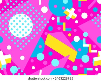 Geometric seamless pattern with memphis elements in 80s style. Colorful geometric pattern. Design of promotional products, wrapping paper and printing. Vector illustration