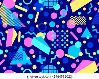 Geometric seamless pattern with memphis elements in 80s style. Colorful geometric pattern. Design of promotional products, wrapping paper and printing. Vector illustration