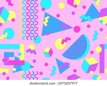 Geometric seamless pattern with memphis elements in 80s style. Colorful geometric pattern. Design of promotional products, wrapping paper and printing. Vector illustration
