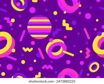Geometric seamless pattern with memphis elements in 80s style. Colorful geometric pattern. Design of promotional products, wrapping paper and printing. Vector illustration