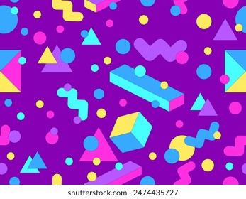 Geometric seamless pattern with memphis elements in 80s style. Colorful geometric pattern. Design of promotional products, wrapping paper and printing. Vector illustration