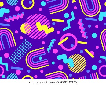 Geometric seamless pattern with memphis elements in 80s style. Colorful geometric pattern. Design of promotional products, wrapping paper and printing. Vector illustration