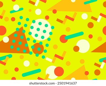 Geometric seamless pattern with memphis elements in 80s style. Colorful geometric pattern. Design of promotional products, wrapping paper and printing. Vector illustration