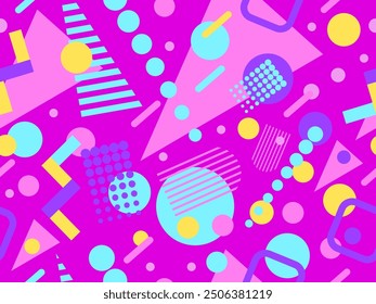Geometric seamless pattern with memphis elements in 80s style. Colorful geometric pattern. Design of promotional products, wrapping paper and printing. Vector illustration