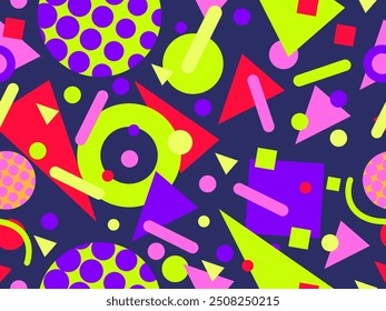 Geometric seamless pattern with memphis elements in 80s style. Colorful geometric pattern. Design of promotional products, wrapping paper and printing. Vector illustration