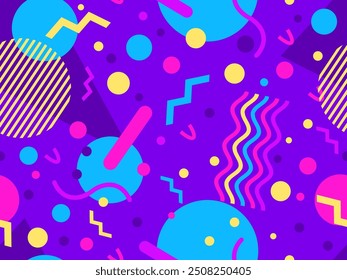 Geometric seamless pattern with memphis elements in 80s style. Colorful geometric pattern. Design of promotional products, wrapping paper and printing. Vector illustration