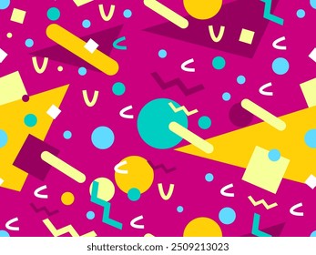 Geometric seamless pattern with memphis elements in 80s style. Colorful geometric pattern. Design of promotional products, wrapping paper and printing. Vector illustration