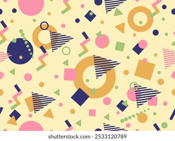 Geometric seamless pattern with memphis elements in 80s style. Colorful geometric pattern. Design of promotional products, wrapping paper and printing. Vector illustration