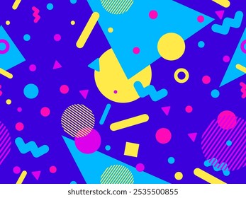 Geometric seamless pattern with memphis elements in 80s style. Colorful geometric pattern. Design of promotional products, wrapping paper and printing. Vector illustration