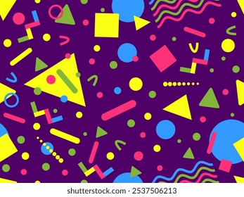 Geometric seamless pattern with memphis elements in 80s style. Colorful geometric pattern. Design of promotional products, wrapping paper and printing. Vector illustration