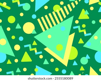 Geometric seamless pattern with memphis elements in 80s style. Colorful geometric pattern. Design of promotional products, wrapping paper and printing. Vector illustration