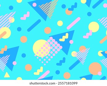 Geometric seamless pattern with memphis elements in 80s style. Colorful geometric pattern. Design of promotional products, wrapping paper and printing. Vector illustration