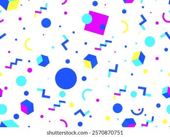 Geometric seamless pattern with memphis elements in 80s style. Colorful geometric 3D figures in isometric style. Design of promotional products, wrapping paper and printing. Vector illustration