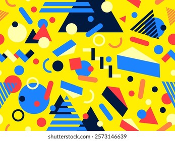 Geometric seamless pattern with memphis elements in 80s style. Colorful geometric pattern. Design of promotional products, wrapping paper and printing. Vector illustration