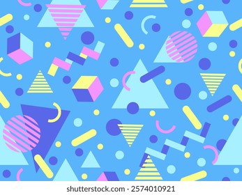 Geometric seamless pattern with memphis elements in 80s style. Colorful geometric pattern. Design of promotional products, wrapping paper and printing. Vector illustration