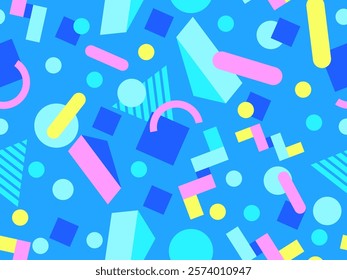 Geometric seamless pattern with memphis elements in 80s style. Colorful geometric 3D figures in isometric style. Design of promotional products, wrapping paper and printing. Vector illustration