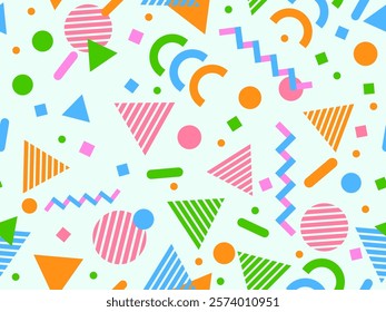 Geometric seamless pattern with memphis elements in 80s style. Colorful geometric pattern. Design of promotional products, wrapping paper and printing. Vector illustration