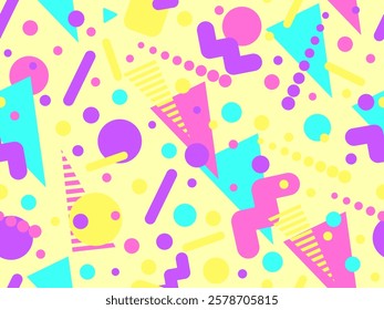 Geometric seamless pattern with memphis elements in 80s style. Colorful geometric pattern. Design of promotional products, wrapping paper and printing. Vector illustration