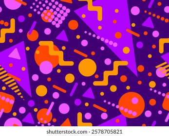 Geometric seamless pattern with memphis elements in 80s style. Colorful geometric pattern. Design of promotional products, wrapping paper and printing. Vector illustration