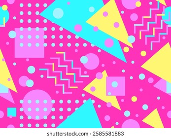 Geometric seamless pattern with memphis elements in 80s style. Colorful geometric pattern. Design of promotional products, wrapping paper and printing. Vector illustration