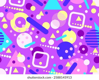Geometric seamless pattern with memphis elements in 80s style. Colorful geometric pattern. Design of promotional products, wrapping paper and printing. Vector illustration