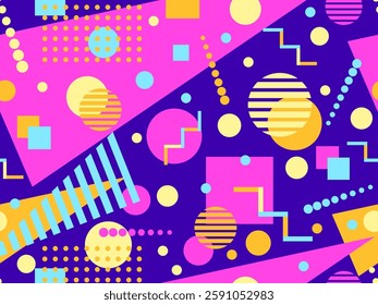 Geometric seamless pattern with memphis elements in 80s style. Colorful geometric pattern. Design of promotional products, wrapping paper and printing. Vector illustration