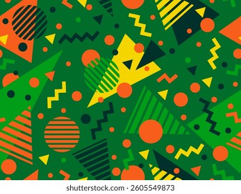 Geometric seamless pattern with memphis elements in 80s style. Colorful geometric pattern. Design of promotional products, wrapping paper and printing. Vector illustration