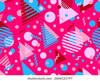 Geometric seamless pattern with memphis elements in 80s style. Colorful geometric pattern. Design of promotional products, wrapping paper and printing. Vector illustration