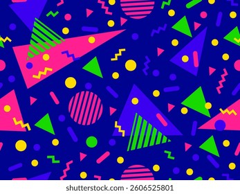 Geometric seamless pattern with memphis elements in 80s style. Colorful geometric pattern. Design of promotional products, wrapping paper and printing. Vector illustration
