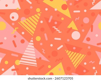 Geometric seamless pattern with memphis elements in 80s style. Colorful geometric pattern. Design of promotional products, wrapping paper and printing. Vector illustration