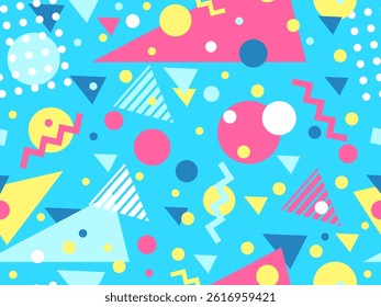 Geometric seamless pattern with memphis elements in 80s style. Colorful pattern with different geometric shapes. Design for packaging, covers, wrapping and promotional products. Vector illustration