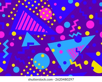 Geometric seamless pattern with memphis elements in 80s style. Colorful pattern with different geometric shapes. Design for packaging, covers, wrapping and promotional products. Vector illustration