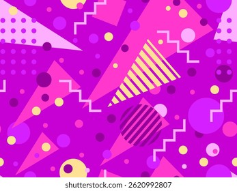 Geometric seamless pattern with memphis elements in 80s style. Colorful pattern with different geometric shapes. Design for packaging, covers, wrapping and promotional products. Vector illustration