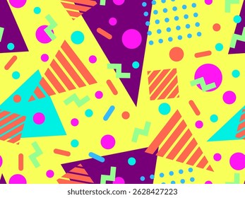 Geometric seamless pattern with memphis elements in 80s style. Colorful pattern with different geometric shapes. Design for packaging, covers, wrapping and promotional products. Vector illustration