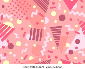 Geometric seamless pattern with memphis elements in 80s style. Colorful pattern with different geometric shapes. Design for packaging, covers, wrapping and promotional products. Vector illustration