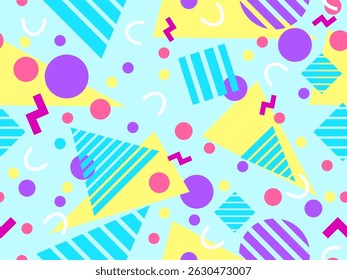 Geometric seamless pattern with memphis elements in 80s style. Colorful pattern with different geometric shapes. Design for packaging, covers, wrapping and promotional products. Vector illustration