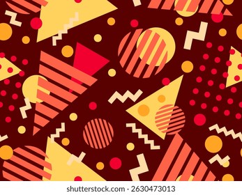 Geometric seamless pattern with memphis elements in 80s style. Colorful pattern with different geometric shapes. Design for packaging, covers, wrapping and promotional products. Vector illustration