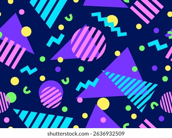 Geometric seamless pattern with memphis elements in 80s style. Colorful pattern with different geometric shapes. Design for packaging, covers, wrapping and promotional products. Vector illustration