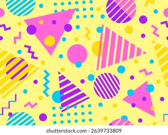 Geometric seamless pattern with memphis elements in 80s style. Colorful pattern with different geometric shapes. Design for packaging, covers, wrapping and promotional products. Vector illustration