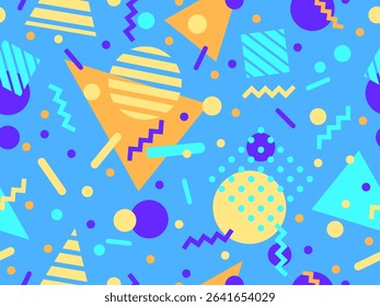 Geometric seamless pattern with memphis elements in 80s style. Colorful pattern with different geometric shapes. Design for packaging, covers, wrapping and promotional products. Vector illustration