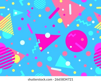 Geometric seamless pattern with memphis elements in 80s style. Colorful pattern with different geometric shapes. Design for packaging, covers, wrapping and promotional products. Vector illustration