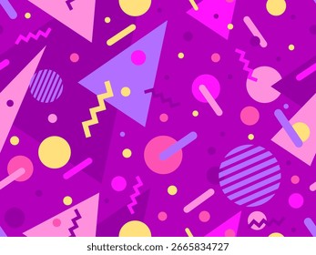 Geometric seamless pattern with memphis elements in 80s style. Colorful pattern with different geometric shapes. Design for packaging, covers, wrapping and promotional products. Vector illustration