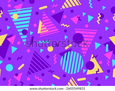 Geometric seamless pattern with memphis elements in 80s style. Colorful geometric pattern. Design of promotional products, wrapping paper and printing. Vector illustration
