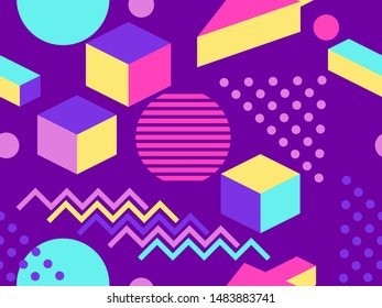 Geometric seamless pattern in memphis and pop art style. Point geometric shapes. Modern trend background. Vector illustration